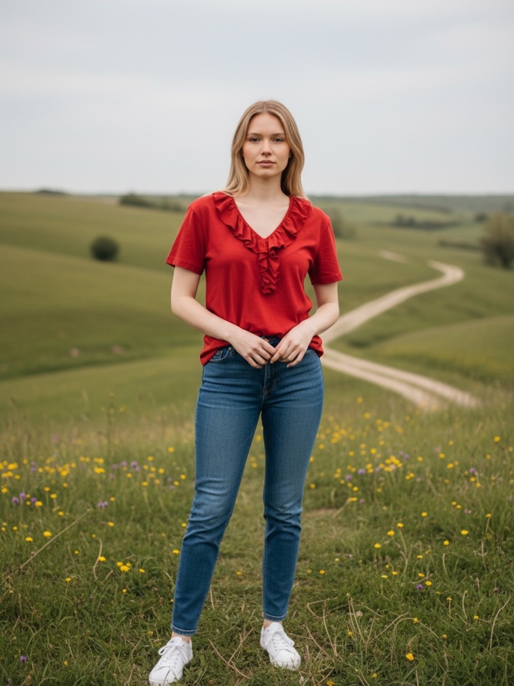 Ralph Lauren Red Ruffle V-Neck Short‎ Sleeve Top